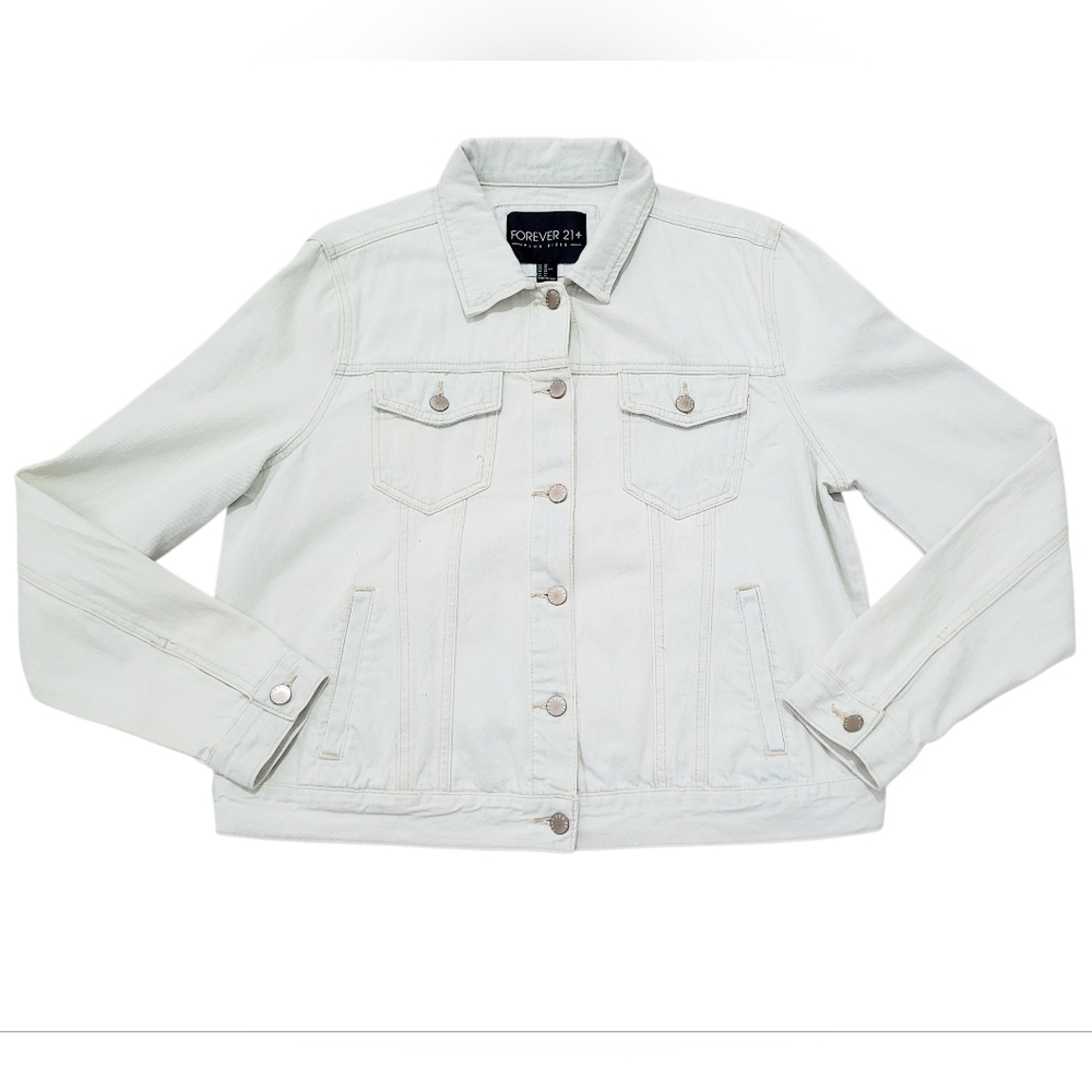 Forever 21+ Acid Wash Denim Jacket Women Plus Size 0X White 100% Cotton Trucker - Picture 2 of 12
